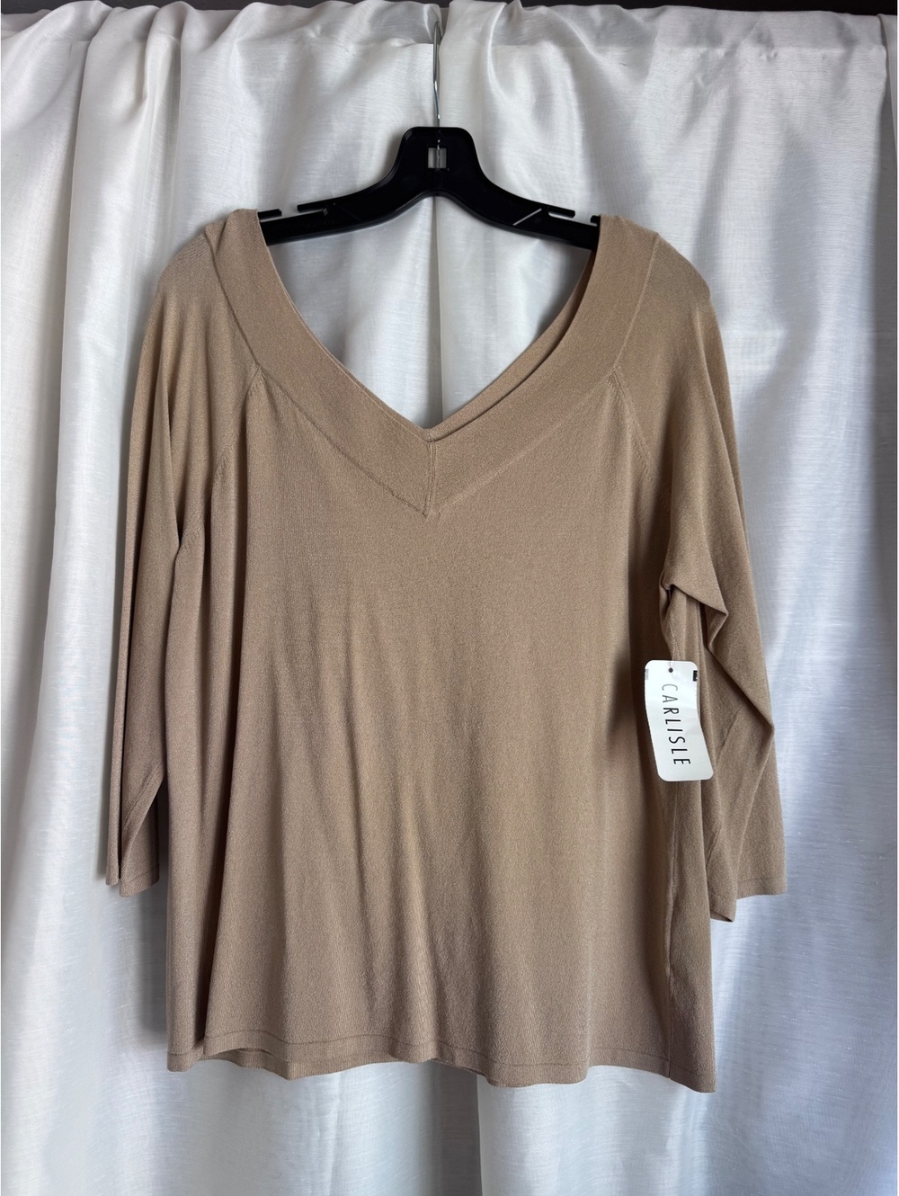 Carlisle Collection Tan Beige Knit V-Neck Blouse Top NWT Size XL